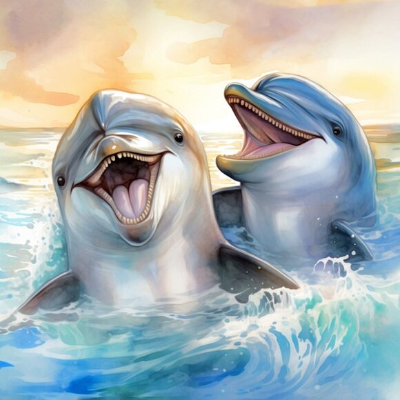 16x20 Happy‎ Dolphins Playing Splashing Watercolor Oil Painting Fantasy Poster - Picture 2 of 6